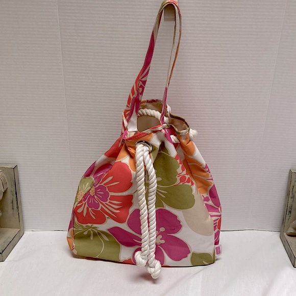 Hawaiian Floral Nautical Rope Tie with Handles Beach Tote Bag 13 x 13 x 3 inches - Picture 7 of 11